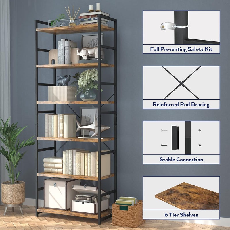 NUMENN 6 Tier Bookshelf, Tall Bookcase Shelf Storage Organizer, Modern Book Shelf for Bedroom, Living Room and Home Office, Vintage - Image 5